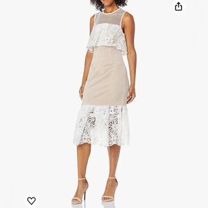 Elliatt Beige Midi Dress with White Lace Overlay